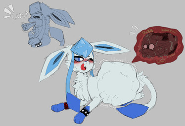 ambiguous_gender belly big_belly blush blush_lines bodily_fluids duo feral internal licking licking_lips licking_mouth neck_bulge onomatopoeia rumbling_stomach slosh sound_effects swallowing swallowing_sound_effect sweat sweatdrop text tongue tongue_out unwilling_prey vore anonymous_artist nintendo pokemon eeveelution generation_4_pokemon generation_5_pokemon glaceon pokemon_(species) zorua 2025 hi_res