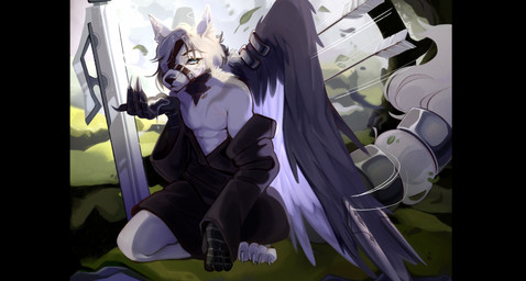 anthro arrow_(weapon) clothed clothing male melee_weapon partially_clothed ranged_weapon solo sword weapon chernika axel_(spectraldragon21) canid canine mammal hi_res