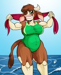 anthro anthrofied beach belly big_breasts blue_background breasts brown_body brown_fur brown_hair clothing day ears_down female fur green_clothing green_swimwear grin hair hands_behind_back horn kerchief looking_at_viewer musclegut muscular muscular_anthro muscular_female one-piece_swimsuit one_eye_closed pivoted_ears raised_arms sea seaside simple_background smile solo summer swimwear thick_thighs towel water wave wide_hips wink duragan them's_fightin'_herds arizona_cow_(tfh) bovid bovine cattle hereford_cattle mammal 2021 hi_res