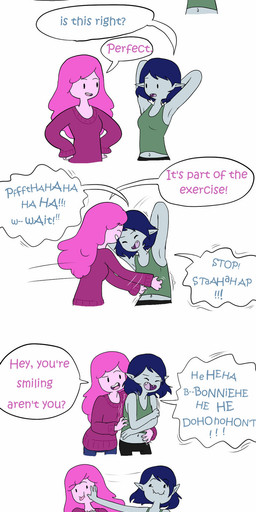 candy dessert duo female female/female food food_hair hair humanoid_pointy_ears laugh midriff pink_body pink_hair pink_skin pointy_ears pseudo_hair romantic romantic_couple short_hair text tickling hugglefish adventure_time cartoon_network marceline_abadeer princess_bubblegum candy_humanoid candy_people_(at) food_creature food_humanoid humanoid living_candy vampire 2017 absurd_res comic english_text hi_res long_image tall_image