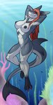 3_toes anthro breasts claws feet female hair hands_behind_head jewelry necklace nipples sharp_teeth smile solo tail teeth toes underwater water kurtassclear fish marine shark hi_res