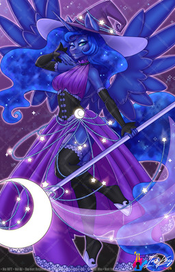 alternate_color anthro armwear blue_eyes blue_eyeshadow blue_hair blue_tail clothing dress elbow_gloves elbow_sleeves eyeshadow female footwear gloves hair handwear hat headgear headwear horn legwear looking_at_viewer magic_user makeup one_eye_closed purple_background purple_clothing purple_dress shoes simple_background solo staff stockings tail wings wink winking_at_viewer witch witch_hat inkkey-studios friendship_is_magic hasbro my_little_pony mythology princess_luna_(mlp) equid equine mammal mythological_creature mythological_equine winged_unicorn hi_res