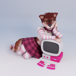 ambiguous_gender anthro arm_warmers armwear biped bottomwear clothing collar computer electronics eyewear femboy glasses keyboard leg_warmers legwear lying on_side skirt solo tyunderline canid canine canis domestic_dog mammal 1:1 3d_(artwork) digital_media_(artwork) hi_res