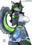 anthro arm_tuft big_breasts big_butt black_body black_fur bottomwear breasts butt chest_tuft cleavage clothed clothing cutoffs denim denim_bottomwear denim_clothing elbow_tuft female fur green_body green_fur hair inner_ear_fluff looking_at_viewer midriff raised_tail rear_view seam_(sewing) shorts smile solo standing tail tuft murazaki canid canine mammal absurd_res hi_res traditional_media_(artwork) watercolor_(artwork)