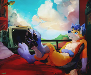 anthro arm_on_stomach biped black_eyebrows black_pawpads blue_body blue_ears blue_eyes blue_fur blue_hair blue_nose blush cheek_tuft cloud electronics eyebrows facial_tuft fur glistening glistening_eyes glistening_nose glistening_pawpads gloves_(marking) hair inner_ear_fluff inside leaning leaning_backward leg_markings looking_up lying male markings monitor on_back paw_tuft pawpads short_hair sky socks_(marking) solo tuft white_body white_fur white_inner_ear_fluff yellow_body yellow_fur oselotti canid canine fox mammal digital_media_(artwork) digital_painting_(artwork) hi_res painting_(artwork) signature