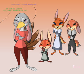 anthro asking asking_another asking_if_serious blush clothed clothing color_coded color_coded_text come_on_(interjection) crossed_arms dialogue ears_down fake_beak female fully_clothed fur gradient_background grey_body grey_fur group interjection name_drop name_in_dialogue nickname offscreen_character pivoted_ears question questioning_tone scut_tail short_tail simple_background species_in_dialogue standing tail talking_to_another text yes-no_question skelly_doll disney zootopia fan_character jason_(zootopia) judy_hopps robyn_wilde_(crewefox) violet_(zootopia) canid canine fox hybrid lagomorph leporid mammal rabbit 2019 english_text hi_res
