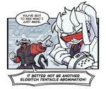 clothed clothing comic demon demon_humanoid dialogue english_text eyewear female glasses helltaker horn humanoid loremaster_(helltaker) male pointed_tail safety_glasses spade_tail subject_67_(helltaker) suit tail text vanripper