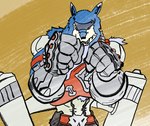 belt blue_body blue_fur cybernetic_hand cybernetics front_view fur jet_pack looking_at_viewer machine male solo visor teyl'nir_(artist) bandai_namco digimon canid canine canis digimon_(species) machgaogamon mammal wolf