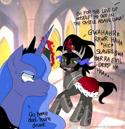 alcohol armor beverage black_hair blue_eyes blue_hair blush bottle cape castle clothing container crown dialogue drunk duo eye_mist fangs female feral glowing hair headgear horn humor magic male quadruped red_eyes smoking_eyes substance_intoxication tail teeth text wine wine_bottle musapan friendship_is_magic hasbro my_little_pony mythology king_sombra_(mlp) princess_luna_(mlp) equid equine mammal mythological_creature mythological_equine unicorn 2012 english_text