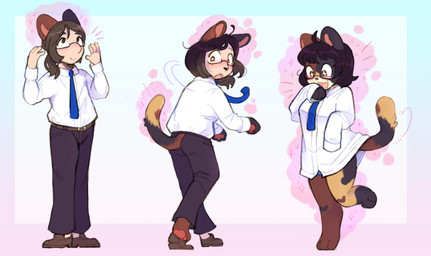 accessory anthro black_hair bottomwear breast_growth breasts brown_body brown_fur clothing eyewear female footwear fur gender_transformation glasses growth hair human_to_anthro male mtf_transformation necktie open_mouth pants shirt shoes simple_background smile solo species_transformation standing tail tail_growth topwear transformation pawberry domestic_cat felid feline felis human mammal 2023 digital_media_(artwork) hi_res sequence