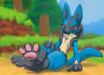 2022 3_fingers 3_toes absurd_res animal_genitalia anthro biped black_body black_fur black_sheath blue_body blue_fur chest_spike claws digital_media_(artwork) feet finger_claws fingers foot_focus fur generation_4_pokemon genitals hand_spike hi_res hindpaw lizardlars lucario male multicolored_body multicolored_fur nature nature_background nintendo nude outdoor_nudity outside pawpads paws penis penis_tip pink_pawpads pokemon pokemon_(species) presenting sheath sitting solo spikes spikes_(anatomy) tan_body tan_fur toe_claws toes