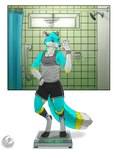 4_toes 5_fingers annoyed anthro athletic athletic_anthro athletic_male athletic_wear bathroom_scale black_body black_claws black_fur blue_body blue_eyes blue_fur border bottomwear cheek_tuft claws clothing digitigrade dipstick_tail ears_back facial_tuft feet finger_claws fingers footwear fur furgonomic_footwear furgonomics gloves_(marking) gym_bottomwear gym_shorts gym_shower hand_on_hip head_tuft heelless_socks holding_object holding_pill_bottle leg_markings logo male markings multicolored_body multicolored_fur paws pill_bottle pivoted_ears shirt shorts socks socks_(marking) solo standing tail tail_markings tank_top toe_claws toeless_footwear toeless_socks toes topwear tuft white_body white_border white_fur wristband yellow_markings dragoncrescent metric_fox_(metricfox) canid canine fox mammal artist_logo shaded story story_in_description