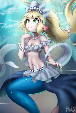 blonde_hair breasts bubble clothed clothing female fusion green_eyes hair jewelry light light_beam long_hair midriff navel necklace small_breasts smile solo split_form sunbeam sunlight underwater water rilex_lenov nintendo pokemon lillie_(pokemon) pokemon_trainer aquatic generation_7_pokemon merfolk pokemon_(species) primarina