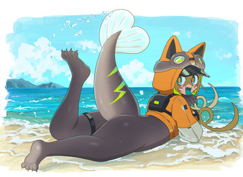 backpack beach bottomless butt clothed clothing cloud day female green_hair green_tongue hair jacket looking_back open_mouth orange_clothing orange_jacket orange_topwear outside raised_tail sand smile solo tail tongue topwear water g_tsurimasu animal_humanoid felid felid_humanoid fish fish_humanoid humanoid mammal mammal_humanoid marine marine_humanoid 2024 digital_media_(artwork)