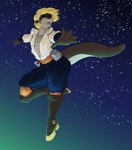 anthro blonde_hair blue_ear_piercing blue_eyes clothed clothing cosmic_background footwear hair male membrane_(anatomy) open_clothing open_shirt open_topwear shirt shoes sky solo star starry_background starry_sky topwear webbed_hands pandottermon parker_(pandottermon) mammal mustelid otter hi_res