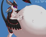 anthro belly big_belly black_body black_feathers black_fur digestion feathers fur huge_belly hyper hyper_belly male male_pred overweight purple_eyes solo squish tail teeth vore white_body white_fur a.u.tumn ross_(avali) avali 5:4 hi_res