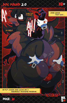 anthro anus areola armwear big_butt black_body black_fur black_hair bodily_fluids brown_body brown_fur butt butt_grab clothing dialogue duo elbow_gloves forced fur gloves hair hand_on_butt handwear huge_butt legwear male male/male multicolored_body multicolored_fur offscreen_character overweight overweight_male rape sex snout spread_butt spreading stockings sweat text thick_thighs thigh_highs thong underwear mr5star lucas_(sssonic2) canid canine canis domestic_dog mammal absurd_res comic english_text hi_res