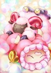 cuddling duo fluffy fur horn missile missile_launcher missile_pod pink_body pink_fur sleeping wool_(fur) odenzzi bandai_namco digimon digimon_(species) pilomon sheepmon