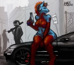 anthro breasts car female group gun handgun horn knock-kneed navel nipples nude on_hood pistol purple_nipples ranged_weapon shotgun trigger_discipline vehicle weapon sligarthetiger alxias mclaren mercedes-benz ally_(alxias) canid canine canis demon hybrid mammal wolf