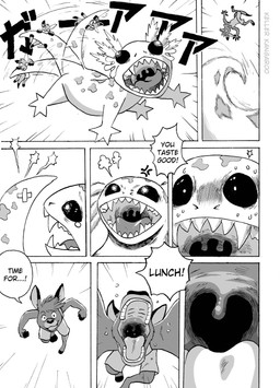 ambiguous_gender anthro biped bite black_sclera claws comic_panel duo falling feral imminent_vore male open_mouth quadruped speech_bubble tail tail_bite tail_in_mouth tail_motion tail_whip teeth_showing text throat tongue tongue_out uvula kellerkangaroo keller_kangaroo amphibian aquatic axolotl kangaroo macropod mammal marsupial mole_salamander salamander 2023 comic english_text hi_res monochrome