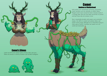 antlers brown_hair druid female fluffy fluffy_tail green_eyes hair hooves horn leaves_on_body magic_user plant prayer pregnant pregnant_female slime slimy_body solo tail text tribal_spellcaster vines wooden_armor mara_the_ravenous deer deer_taur deity hybrid mammal mammal_taur taur absurd_res english_text hi_res model_sheet