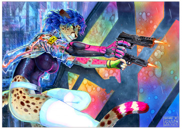 5_fingers anthro biped blue_hair border breasts brown_spots clenched_teeth clothed clothed_anthro clothed_female clothing female fingers fur green_eyes gun hair holding_gun holding_object holding_ranged_weapon holding_weapon legwear markings outside raining ranged_weapon side_view solo spots spotted_body spotted_fur spotted_markings spotted_tail tail tail_markings teeth thigh_highs topwear weapon white_border yellow_body yellow_fur yellow_tail araivis-edelveys cheetah felid feline mammal 2025 hi_res