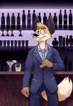 alcohol anthro bar beverage biped black_nose clothed clothing fur heterochromia inside looking_at_viewer male necktie smile solo standing suit whiskers yellow_body yellow_fur portzebie portzebie_(character) canid canine fox mammal 2014 digital_media_(artwork) hi_res shaded