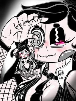 anthro bedroom_eyes black_hair blush bodily_fluids breasts button_(fastener) button_eyes cleavage clothed clothing doll dripping duo female fishnet_clothing forced glistening glistening_body hair heart_eyes heart_symbol ink legwear long_ears marionette narrowed_eyes necktie pasties paws ponytail powerless puppet scut_tail seductive short_tail size_difference string sweat tail thong tights tongue tongue_out torn_clothing torn_legwear underwear inkdoll animate_inanimate humanoid lagomorph leporid living_puppet mammal rabbit 3:4 hi_res