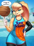 2024 3:4 abs absurd_res anthro artist_logo athletic athletic_female ball basketball_(ball) basketball_uniform blue_eyes breasts buckteeth clothing dated dialogue english_text female half-closed_eyes hand_on_hip hi_res lagomorph leporid logo lola_bunny looking_at_viewer looney_tunes mammal mykegreywolf narrowed_eyes pink_nose rabbit signature solo speech_bubble spinning_ball sportswear teeth text thick_thighs uniform warner_brothers