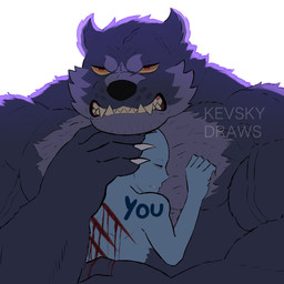 angry anthro biceps big_muscles blood bodily_fluids body_hair chest_hair claws clothed clothing duo eyes_closed fur hand_on_head hug huge_muscles looking_at_viewer male mature_anthro mature_male muscular muscular_anthro muscular_male narrowed_eyes pecs protective scratch_mark sharp_teeth simple_background size_difference snarling teeth text topless topless_anthro topless_male tuft vein white_background wounded kevsky_draws mythology anon bowers_(kevsky) canid canine canis human mammal mythological_canine mythological_creature werecanid werecanine werecreature werewolf wolf 1:1 2022 artist_name hi_res