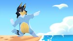 anthro beach cloud detailed_background footprint fur gesture hand_gesture male multicolored_body multicolored_fur pointing scenery seaside solo water krossan_(artist) bluey_(series) bandit_heeler australian_cattle_dog canid canine canis cattledog domestic_dog herding_dog mammal pastoral_dog hi_res lineless