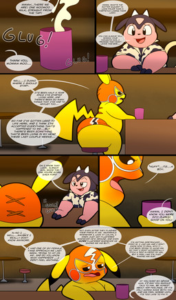 advice anthro bar bar_counter big_butt biped blush butt chair clothing confession container cosplay_pikachu_(costume) counter cow_print_shirt cup dialogue drinking duo embarrassed female furniture holding_container holding_cup holding_object implied_lactation inside looking_down male mask milk on_chair onomatopoeia panties shirt side_view sitting sitting_on_chair sound_effects sports_mask sportswear tail talking_to_another text topwear underwear wrestling_mask tepigfan101 nintendo pokemon casey_(tepigfan101) pikachu_libre generation_1_pokemon generation_2_pokemon miltank pikachu pokemon_(species) absurd_res comic english_text hi_res