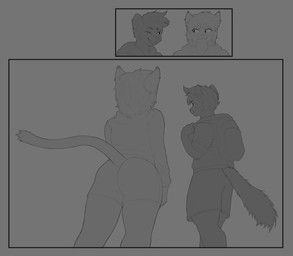 anthro backpack bottomwear butt clothed clothing duo ear_piercing hair hoodie inner_ear_fluff male male/male piercing rear_view shorts smile tail topwear tuft walking cammyjazz cammy_(cammyjazz) mikey_(mixumbox) domestic_cat felid feline felis gulonine mammal marten mustelid musteline greyscale hi_res monochrome