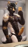 2019 abs anthro athletic athletic_anthro athletic_male balls bathroom big_penis black_body black_fur bodily_fluids canid canine canis cellphone chunie clothed clothing detailed_background digital_media_(artwork) digital_painting_(artwork) dripping ear_piercing electronics erection foreskin fox fur genital_fluids genitals hair hi_res holding_cellphone holding_object holding_phone humanoid_genitalia humanoid_penis hybrid inside jewelry jockstrap looking_at_viewer male mammal muscular muscular_male navel necklace partially_clothed pecs penis phone piercing poking_out precum precum_drip pubes retracted_foreskin selfie smile solo teeth topless underwear white_body white_fur wolf yellow_body yellow_fur yellow_penis zaccai