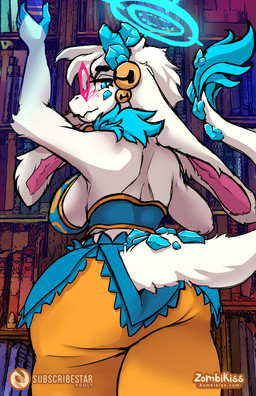 anthro bell blue_eyes blush blush_lines book bookshelf breasts butt butt_focus clothed clothing exposed_back eyewear female fur furniture glasses glowing halo long_ears looking_at_viewer looking_back raised_tail side_boob solo tail text wearing_glasses white_body white_fur zombikiss atlyss mythology subscribestar angela_flux bovid caprine dragon goat hybrid mammal mythological_creature mythological_scalie oathkin_(atlyss) scalie 2025 artist_name digital_drawing_(artwork) digital_media_(artwork) hi_res signature