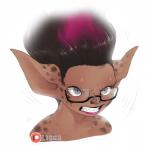 adolescent angry big_ears brown_body brown_skin eyewear female glasses hair long_hair looking_at_viewer magenta_hair magenta_lips not_furry simple_background solo young licheart guild_wars spotty_(spotte) asura humanoid bust_portrait portrait