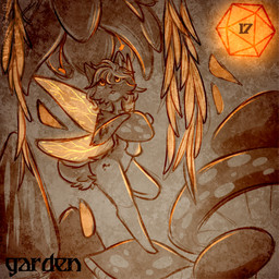 ambiguous_gender anthro curiosity curious d20 dice fungus garden holidays insect_wings leaf looking_up mushroom orange_dice orange_eyes orange_wings size_difference wings wysdrem halloween fairy mammal 1:1 hi_res