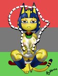 africa anthro big_breasts bodily_fluids breasts clothing dotted_line egyptian egyptian_clothing female flag flag_background looking_at_viewer pan-african_colors pan-african_flag queen_of_spades_symbol sitting solo spades_(suit) suit_symbol sweat sweatdrop usekh yellow_body bigatomics animal_crossing nintendo ankha_(animal_crossing) domestic_cat felid feline felis mammal digital_media_(artwork)