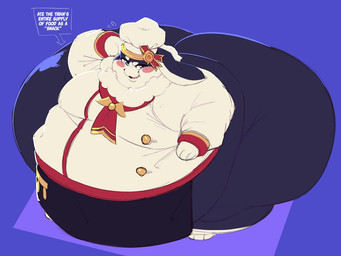 abstract_background anthro belly big_belly big_butt biped black_body blue_background blue_eyes blush butt chef chef_hat chef_uniform chubby_cheeks clothed clothing fur hat headgear headwear long_ears male morbidly_obese morbidly_obese_anthro morbidly_obese_male obese obese_anthro obese_male open_mouth open_smile overweight overweight_anthro overweight_male simple_background smile solo text white_body meowmymyamo honkai:_star_rail mihoyo pom-pom_(honkai:_star_rail) lagomorph leporid mammal rabbit 2026 4:3 digital_media_(artwork) english_text hi_res