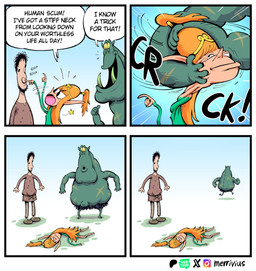 barefoot beady_eyes beard belt black_beard black_eyes black_facial_hair black_hair boop bottomwear breasts broken_neck brown_bottomwear brown_clothing brown_footwear brown_pants brown_shirt brown_shoes brown_topwear clothed clothing dialogue dress facial_hair feet female footwear green_clothing green_dress green_ears green_tusks hair humanoid_pointy_ears humor killing long_ears long_hair male nose_boop not_furry open_mouth open_smile orange_hair pants pink_tongue pointy_ears ponytail rope rope_belt scar shirt shoes short_hair smile tan_body tan_skin text tongue topwear tusks yellow_sclera merrivius elf_comic elf_(merrivius) human_(merrivius) orc_(merrivius) elf human mammal orc comic english_text hi_res