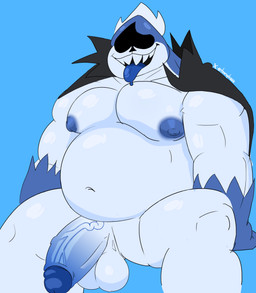 balls belly big_balls big_belly big_muscles big_nipples big_pecs big_penis blue_background blue_clothing blue_gloves blue_handwear blue_nipples blue_penis bottomless clothed clothing erection genitals glans glistening glistening_body glistening_genitalia gloves grin handwear huge_penis humanoid_genitalia male musclegut muscular muscular_male navel nipples nude pecs penis sharp_teeth simple_background sitting smile solo teeth teeth_showing text tongue tongue_out vein veiny_penis white_body tsarapkaaa deltarune undertale_(series) king_spade darkner humanoid 2025 absurd_res artist_name colored digital_drawing_(artwork) digital_media_(artwork) hi_res