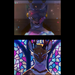 anthro black_body black_ears black_fur brown_body brown_fur duo fur grey_body grey_ear_tips grey_ears grey_fur horn orange_body orange_fur red_eyes stained_glass_window white_body white_ears white_fur yellow_eyes yellow_horn nowheremotel midiae_(birds_on_a_wire) susurrus_(nowheremotel) aegean_cat antelope bovid canid canine canis domestic_cat ethiopian_wolf felid feline felis mammal 1:1 2022 hi_res watermark