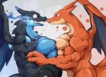 abs anthro anthrofied arm_grab biceps big_muscles blue_eyes breath_powers claws dragon duo elemental_manipulation exercise fangs fire fire_breathing fire_manipulation generation_6_pokemon grey_background holding_object huge_muscles male male/male mega_charizard mega_charizard_x mega_charizard_y mega_evolution membrane_(anatomy) membranous_wings muscular muscular_male mythological_creature mythological_scalie mythology nintendo nude nuzzling open_mouth pecs pokemon pokemon_(species) pokemorph red_eyes reptile scales scalie simple_background smile surprise teeth tongue vein waddledox weightlifting weights wide_eyed wings workout