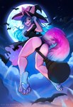 anthro blue_hair clothing female fluffy fluffy_tail flying_broom hair hat headgear headwear long_tail magic_user showing_butt showing_paws sky solo tail witch conditional_dnp sadbitch ambient_bat canid mammal better_version_at_source hi_res irreplaceable_bvas