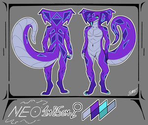 anthro big_tail blue_claws blue_eyes blue_tongue claws color_swatch digitigrade forked_tongue hood hood_up long_tail male markings neon pupils purple_body purple_scales rhombus_(shape) scales slim slit_pupils smile snake_hood solo standing tail tongue triangle_(shape) gardsnake neo_(gardsnake) cobra reptile scalie snake absurd_res hi_res watermark