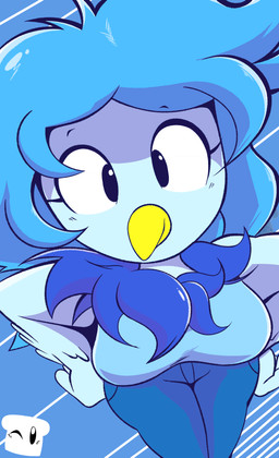 anthro big_breasts blue_body blue_fur bottomwear breasts close-up clothing denim denim_bottomwear denim_clothing female fur hands_on_hips jeans non-mammal_breasts pants shirt simple_background simple_lighting solo tank_top thick_thighs topwear wide_hips breadinatoarts undertale_(series) undertale_yellow martlet_(undertale_yellow) avian bird absurd_res hi_res