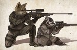 aiming anthro badger canid canine canis clothing coyote crouching duo female furrykxc gun hi_res holding_gun holding_object holding_ranged_weapon holding_weapon keshenna_honina larger_male male mammal military military_uniform mustelid musteline ranged_weapon rifle simple_background size_difference smaller_female sniper sniper_rifle soldier stocky uniform warrior weapon white_background