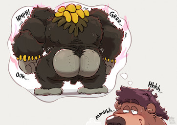 4_fingers anthro aura backsack balls banana bananza_power big_butt black_body black_fur blush body_hair brown_hair butt butt_hair cross-eyed duo fantasizing fingers food fruit fur genitals grey_body grey_fur hair half-closed_eyes looking_pleasured male male/male narrowed_eyes nude penis penis_tip plant smile sound_effects standing tan_body tan_fur thinking thought_bubble bearafterall jan_(bearafterall) kong_bananza ape bear gorilla haplorhine mammal primate hi_res signature
