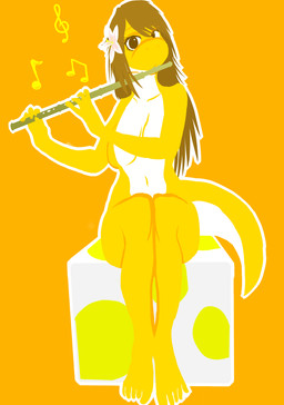 block breasts brown_eyes brown_hair convenient_censorship covering covering_self female flower flute hair long_hair looking_at_viewer music musical_instrument navel non-mammal_breasts nude orange_background plant simple_background solo wind_instrument woodwind_instrument yellow_body sugarblight mario_bros nintendo sara_(sugarblight) scalie yellow_yoshi yoshi digital_media_(artwork) hi_res