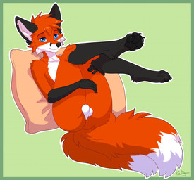 4_toes 5_fingers anthro balls black_pawpads blue_eyes border claws dipstick_tail eyebrows eyelashes feet fingers fluffy fluffy_tail fur genitals green_background green_border male markings multi_tail nude orange_body orange_fur pawpads paws simple_background smile solo tail tail_markings toe_claws toes ketty canid canine fox mammal 2022 dated digital_media_(artwork) shaded